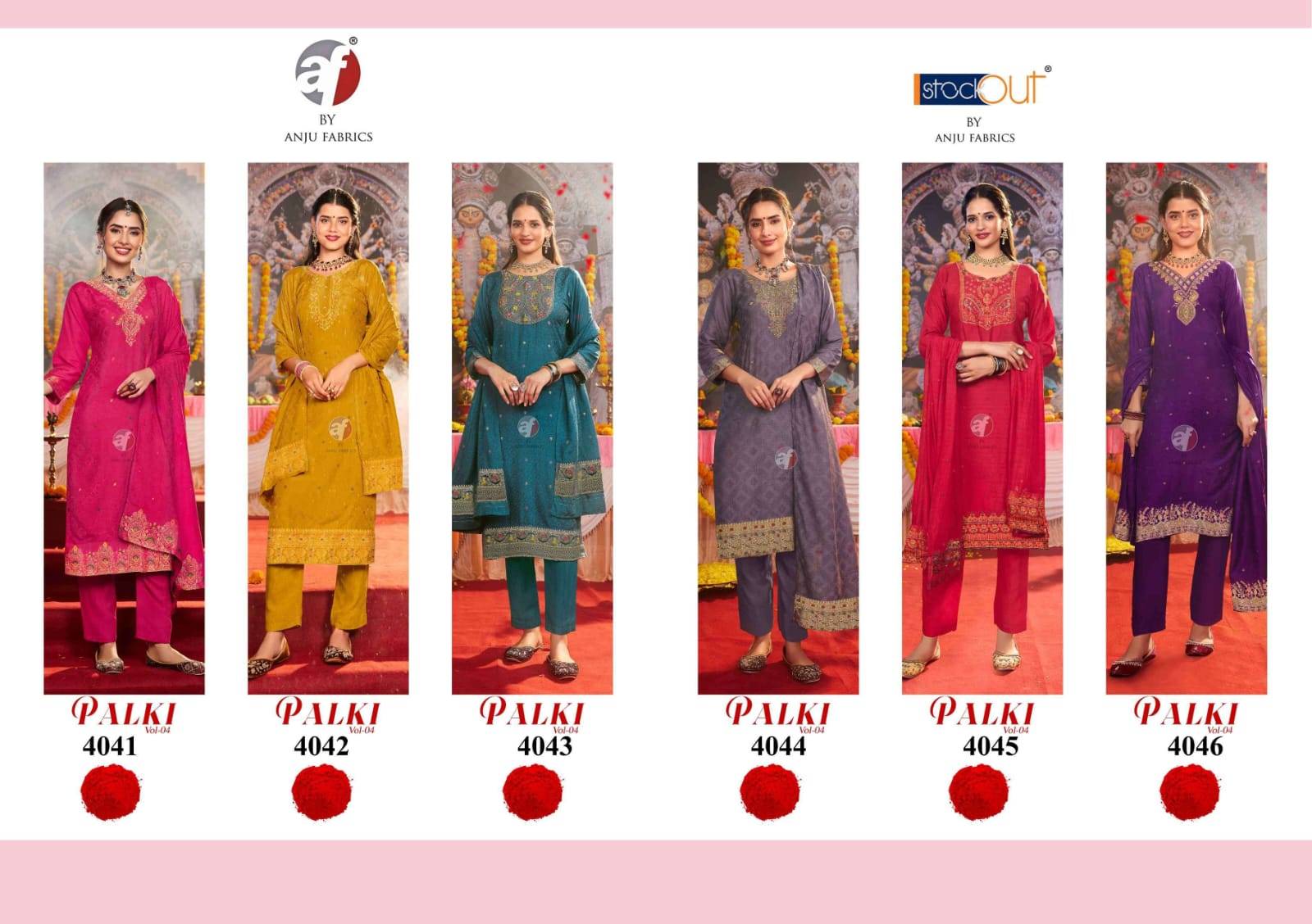 Palki BY Anu fabrics 4041 TO 4046 SERIES Indian occasional MUSLIN JACQUARD party wear stitched dresses At Wholesale Price